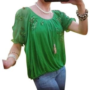 Green Leifnotes Beaded Sequin Peasant Tunic Blouse